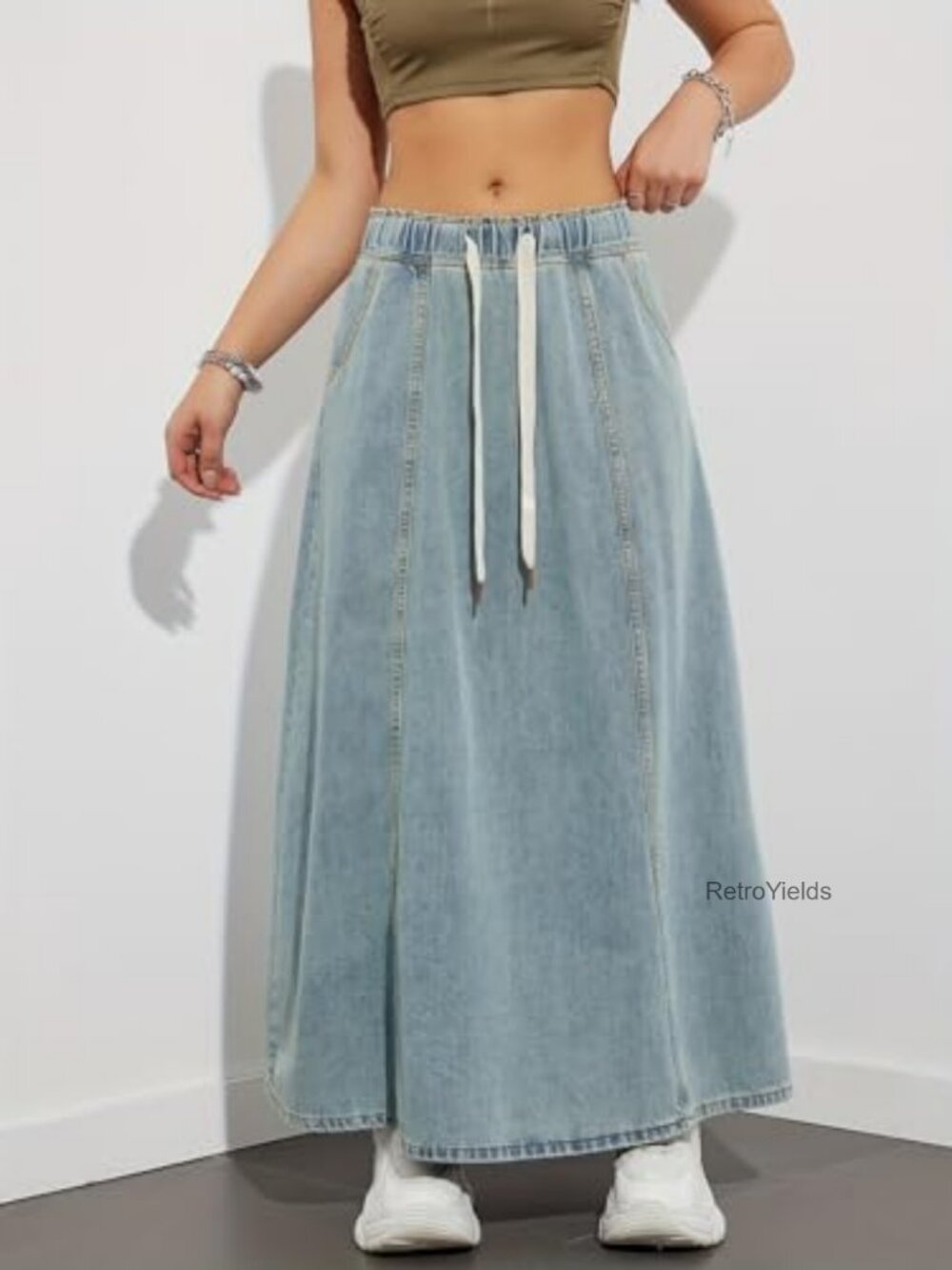 High Rise Flare Maxi Denim Skirt with Pockets, Elastic Waist, Bohemian Style - Picture 4 of 7